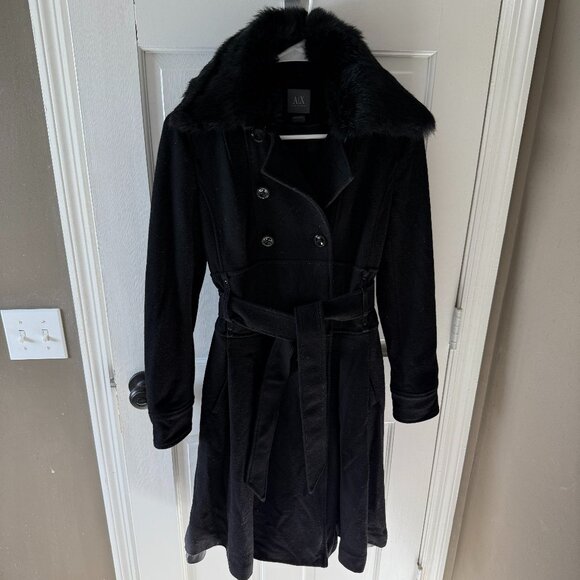 Armani Exchange women's long wool coat black w/ detachable fur collar, size S - Picture 1 of 5